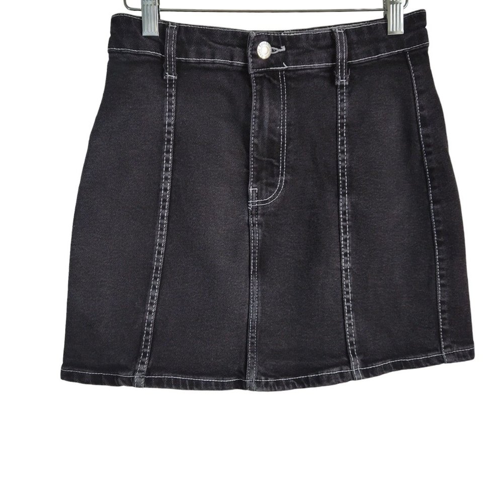 BERSHKA 8SKGirl Black Denim White Stitch Cotton Stretch Panel Mini Skirt Sz 2